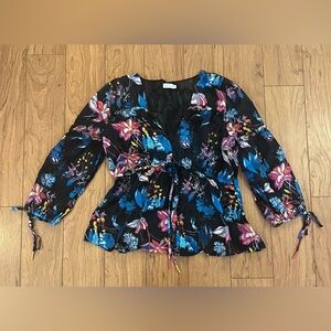 Tanya Taylor Size 6 Dutch Garden Silk Blend Floral Blouse Black Blue Pink Yellow